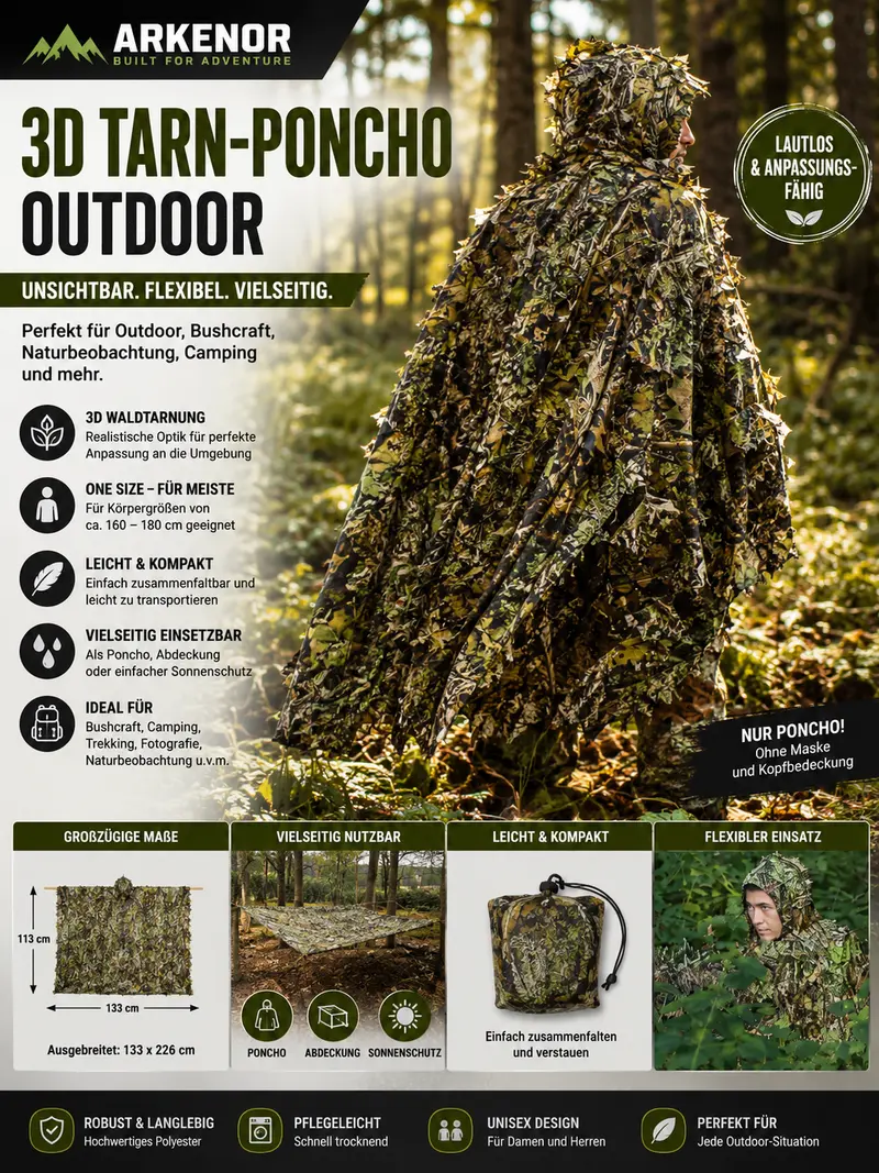 3D Tarn-Poncho Outdoor – Camouflage Tarnumhang für Bushcraft, Naturbeobachtung & Outdoor