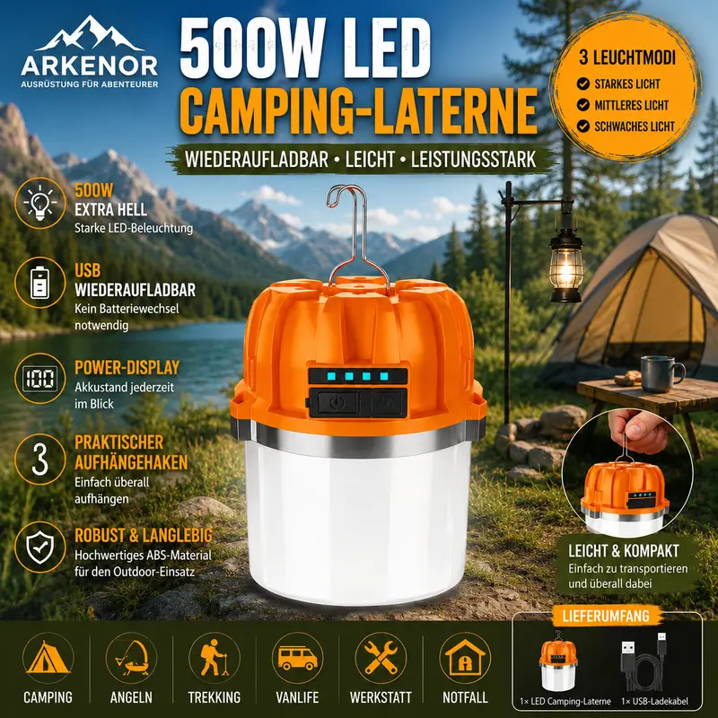 Arkenor 500W LED Camping-Laterne - Wiederaufladbare Outdoor-Leuchte