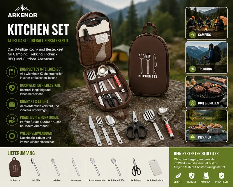 Arkenor CampChef™ – 8-teiliges Camping-Kochgeschirr & Besteckset