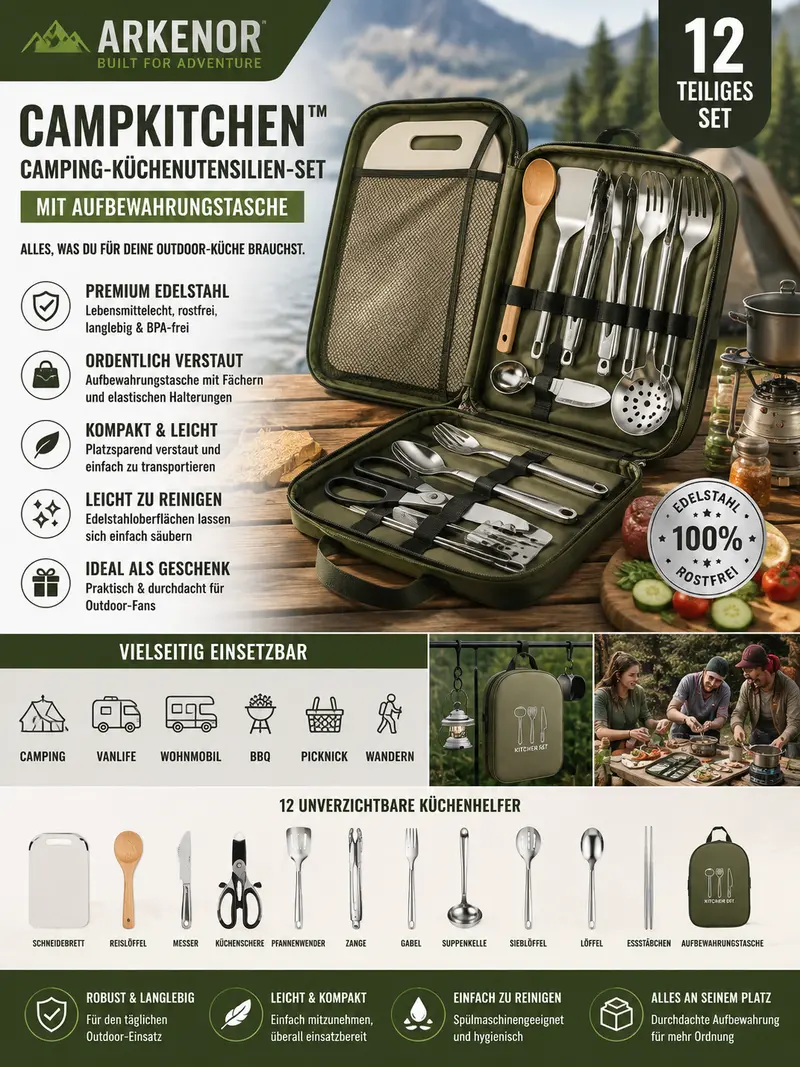 Arkenor CampKitchen™ | Camping-Küchenutensilien-Set mit Aufbewahrungstasche