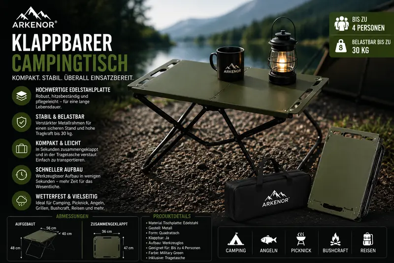 Arkenor Klappbarer Campingtisch – Leichter Outdoor-Tisch aus Edelstahl