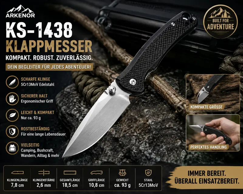 Arkenor Klappmesser KS-1438 – Kompaktes Outdoor-Taschenmesser aus Edelstahl