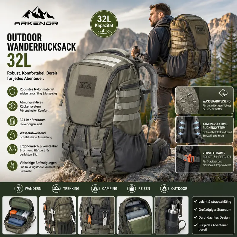 Arkenor Outdoor Wanderrucksack 32L – Robust, komfortabel und bereit für jedes Abenteuer