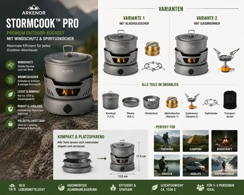 Arkenor StormCook™ Pro | Premium Outdoor-Kochset mit Spirituskocher