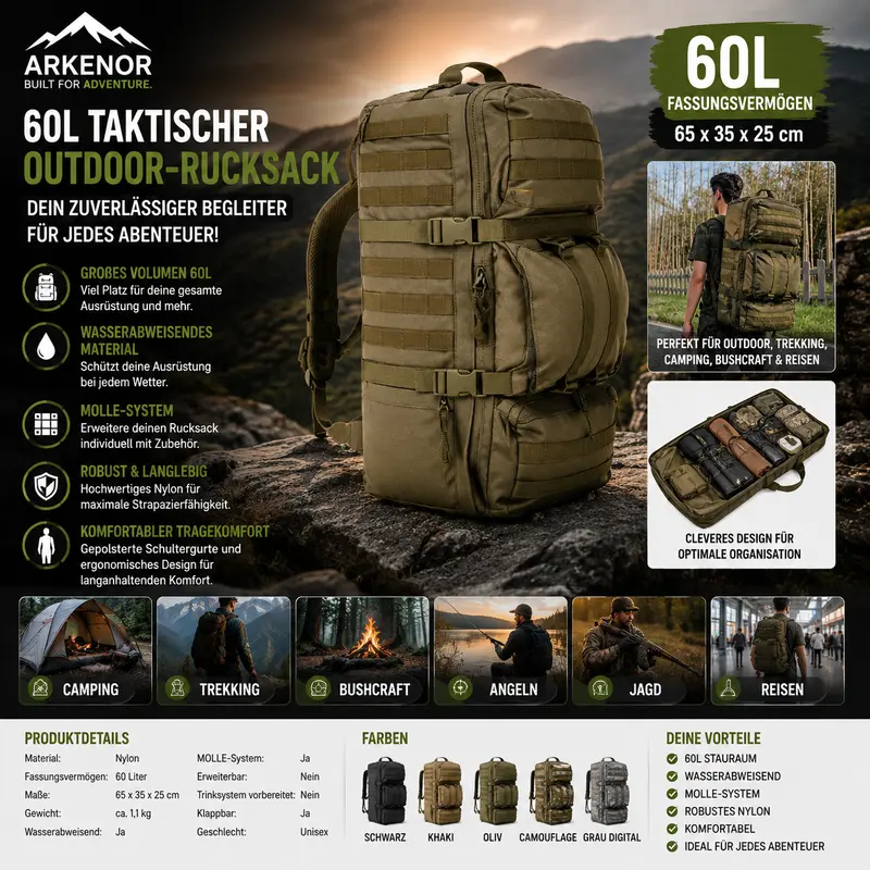 ARKENOR Taktischer Outdoor-Rucksack 60L – Robuster Begleiter für jedes Abenteuer