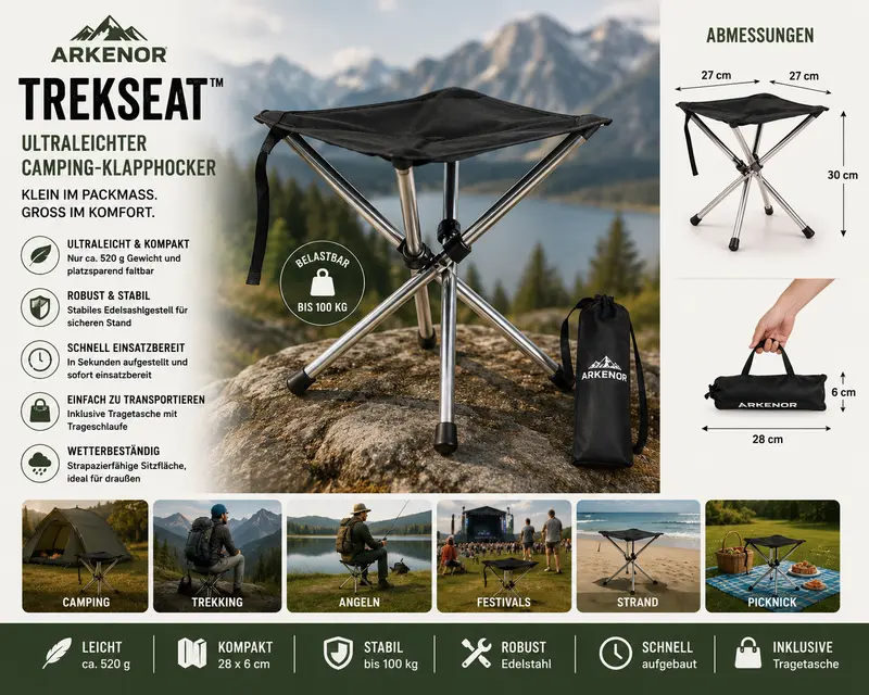Arkenor TrekSeat™ – Ultraleichter Camping-Klapphocker