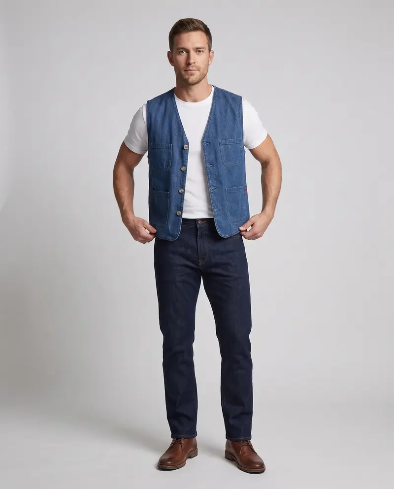 Ärmellose Canvas Utility-Weste für Herren mit gestreiftem Futter und mehreren Klappen-Taschen
