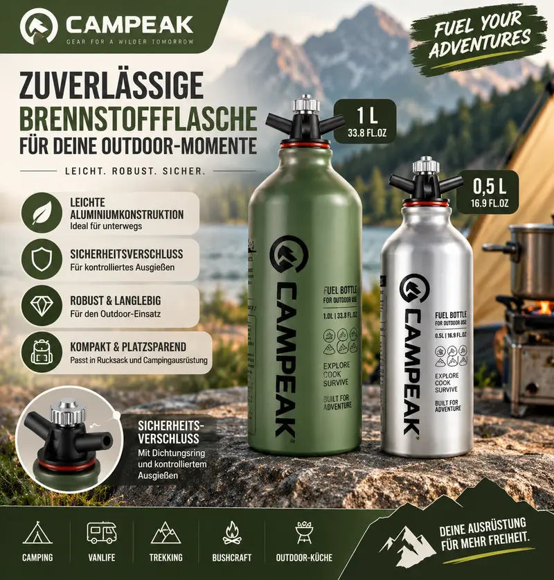 CAMPEAK Flüssigbrennstoffflasche 0,5 L / 1 L – Aluminium Outdoor-Brennstoffflasche mit Sicherheitsventil