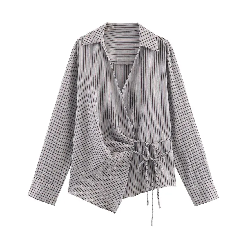 Damen 10+ asymmetrische Wickelbluse mit Tunnelzug, Hemdkragen und langen Ärmeln Drune
