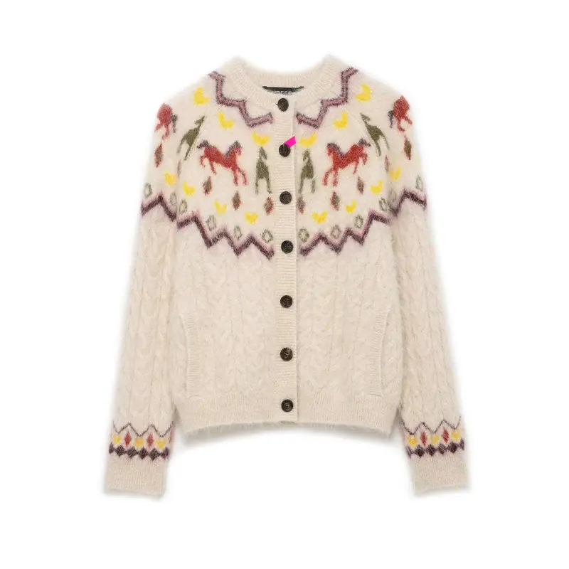 Damen 10+ gemusterte Mohair‑Cardigan mit Norweger‑Motiv, Zopfmuster und Knopfleiste Drune