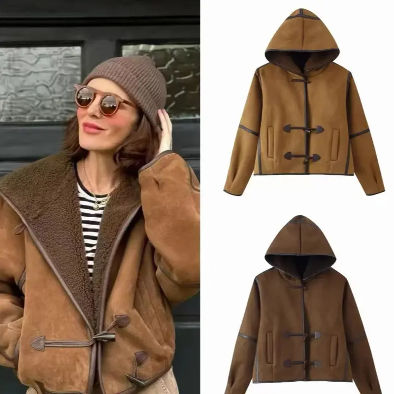 Damen 10+ kurze Lammfell‑Optik Dufflejacke mit Kapuze und Knebelverschlüssen Drune