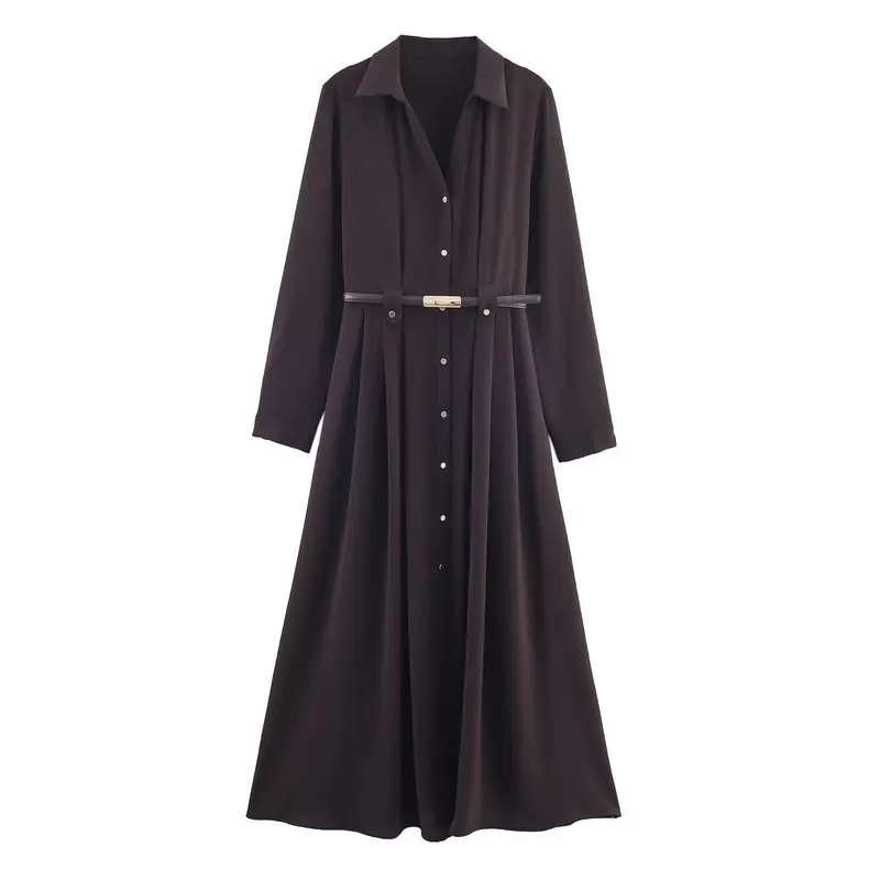 Damen 10+ langes Hemdblusenkleid mit durchgehender Knopfleiste und taillierendem Gürtel Drune