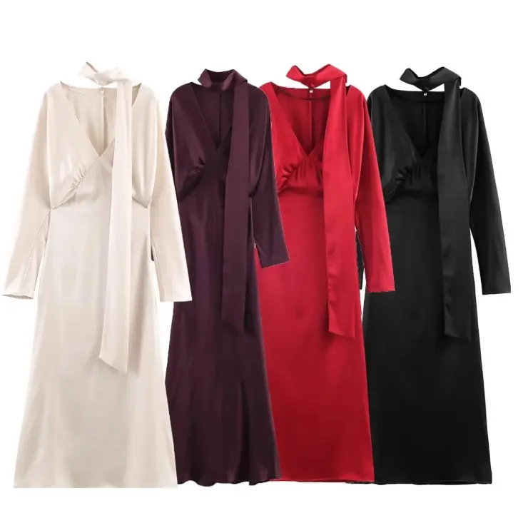 Damen 10+ langes Satin‑Maxikleid mit V‑Ausschnitt, taillierter Silhouette und Halstuch Drune