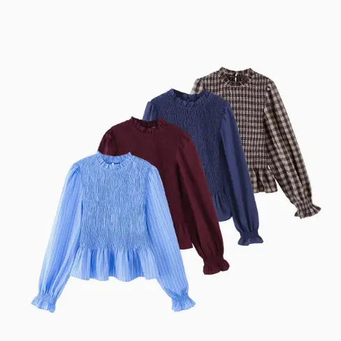 Damen 10+ leichtes Smock‑Blusenshirt mit Rüschenkragen, Ballonärmeln und Schößchen Drune