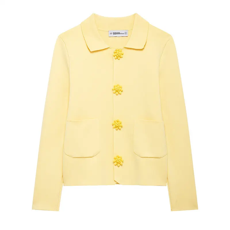 Damen 10+ taillierte Strickjacke mit Hemdkragen und Blütenknopfverzierung Drune