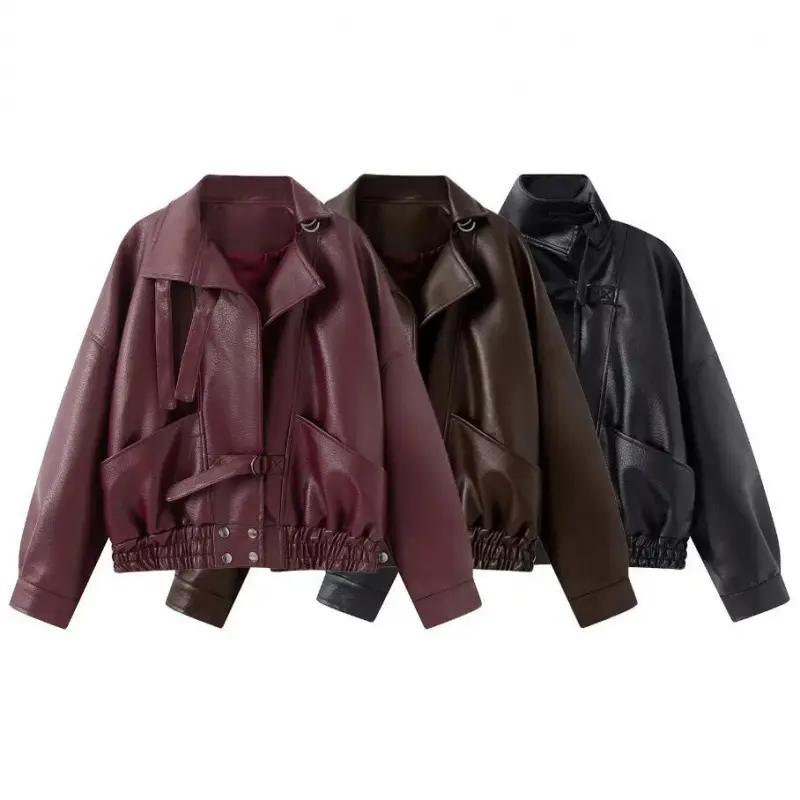 Damen 10+ taillierter Cropped Kunstleder‑Blouson mit Gürtel, elastischem Saum und Pattentaschen Drune