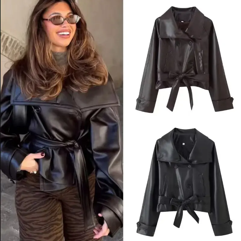 Damen 100+ Cropped Kunstleder-Trenchblouson mit doppelreihiger Knopfleiste und Taillengürtel Drune