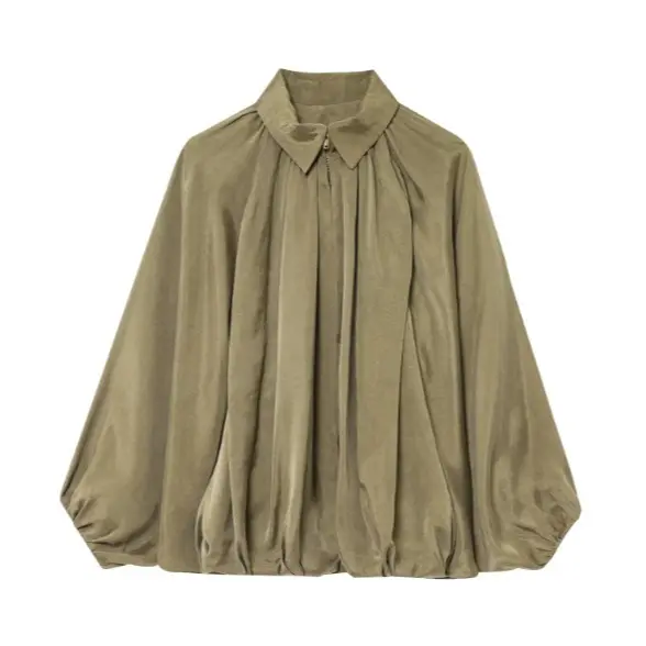 Damen 100+ weite geraffte Blusenjacke mit Hemdkragen und Frontreißverschluss Drune
