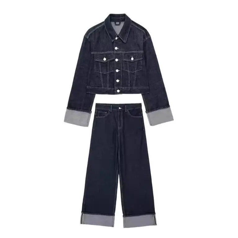 Damen 1700+ Cropped Jeansjacke mit überlangen Umschlagmanschetten und kastiger Silhouette Drune