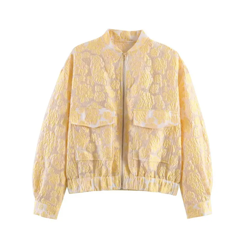 Damen 20+ Cropped Bomberjacke mit floraler Jacquardstruktur, Stehkragen und aufgesetzten Pattentaschen Drune