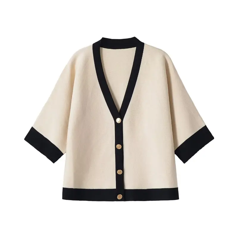 Damen 20+ kastiger Kurzcardigan im Kimono‑Look mit kontrastbesatz und Goldknöpfen Drune