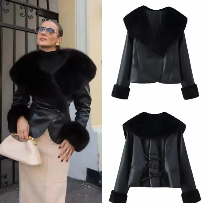 Damen 20+ kurze Kunstlederjacke mit großem Kunstfellkragen und Fellmanschetten Drune