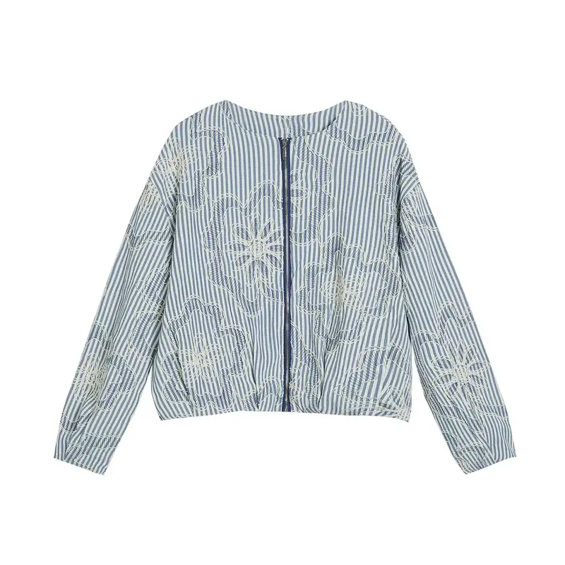 Damen 200+ gestreifte bestickte Blousonjacke mit durchgehendem Reißverschluss Drune