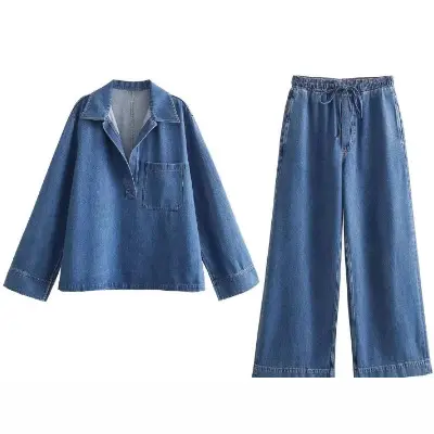 Damen 200+ Oversize Denim‑Hemdbluse mit V‑Ausschnitt und Brusttasche Drune