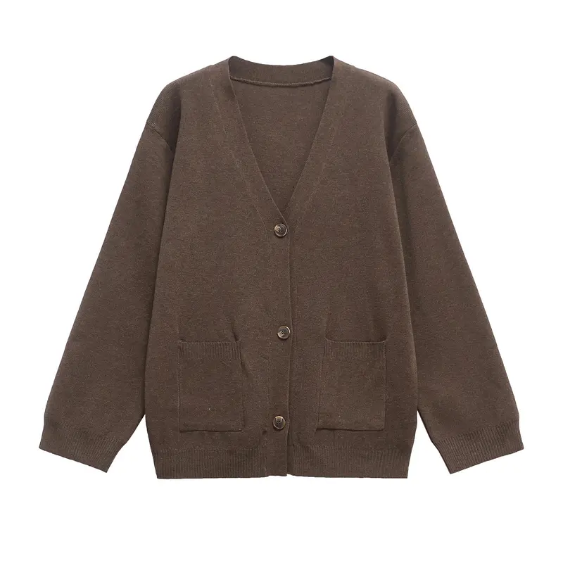 Damen 200+ Oversize Feinstrick‑Cardigan mit V‑Ausschnitt, Holzknöpfen und aufgesetzten Taschen Drune