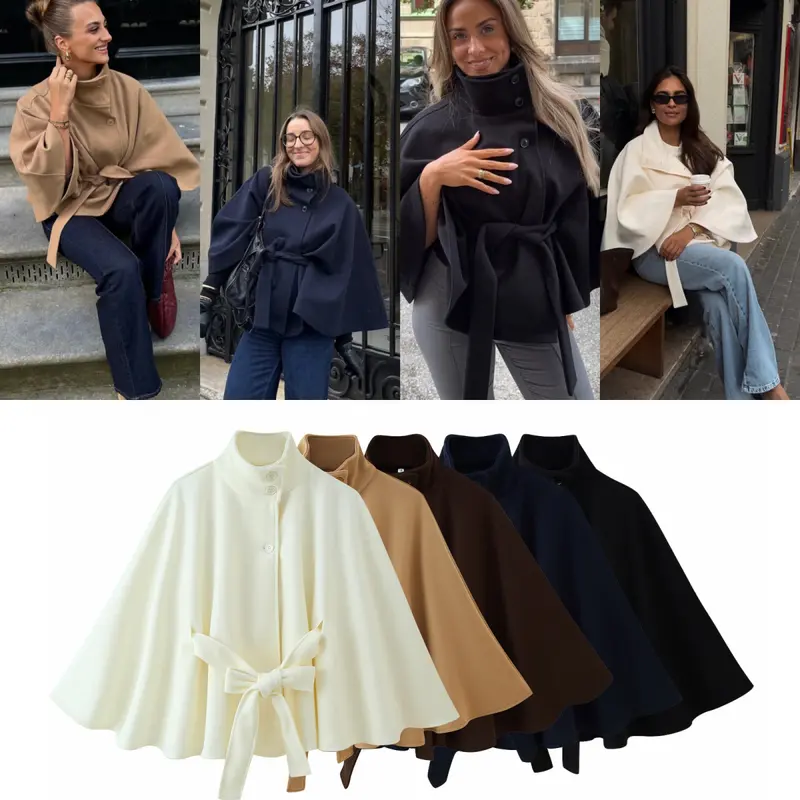 Damen 2900+ eleganter kurzer Cape‑Umhang mit Stehkragen, Knopfleiste und Taillenband Drune