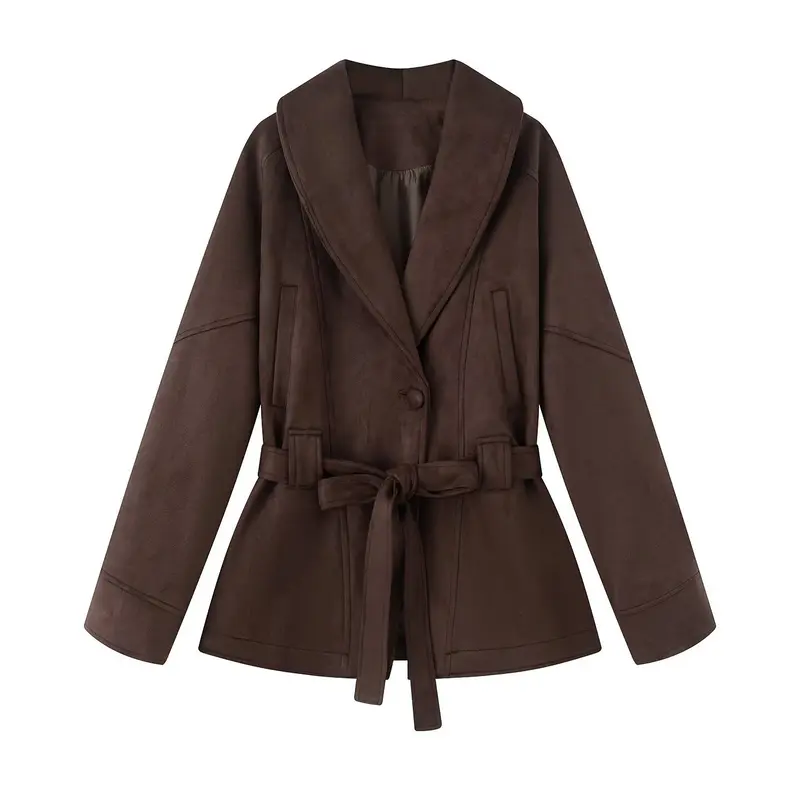 Damen 30+ taillierte Kurzjacke mit Schalkragen, Bindegürtel und Kunstvelours Drune