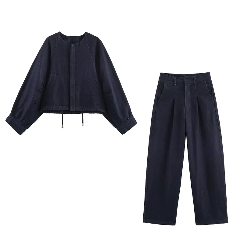 Damen 30+ weite High‑Waist Denim‑Palazzohose mit Bundfalten und Bügelfalte Drune
