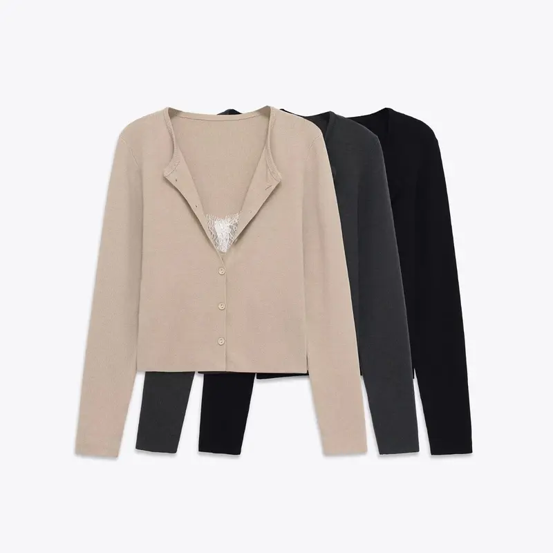 Damen 40+ feiner Strickcardigan mit integriertem Spitzen‑Cami Drune