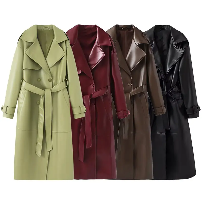 Damen 40+ langer Trenchcoat aus Kunstleder mit Taillengürtel und doppelreihiger Knopfleiste Drune