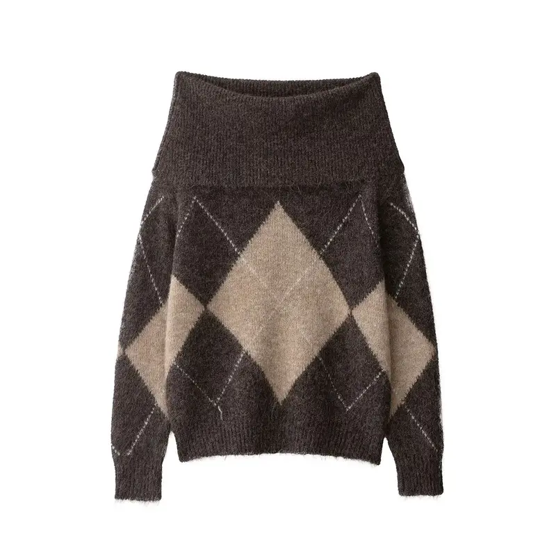 Damen 40+ weicher Mohair‑Mix Pullover mit weitem Rollkragen und Argyle‑Muster Drune