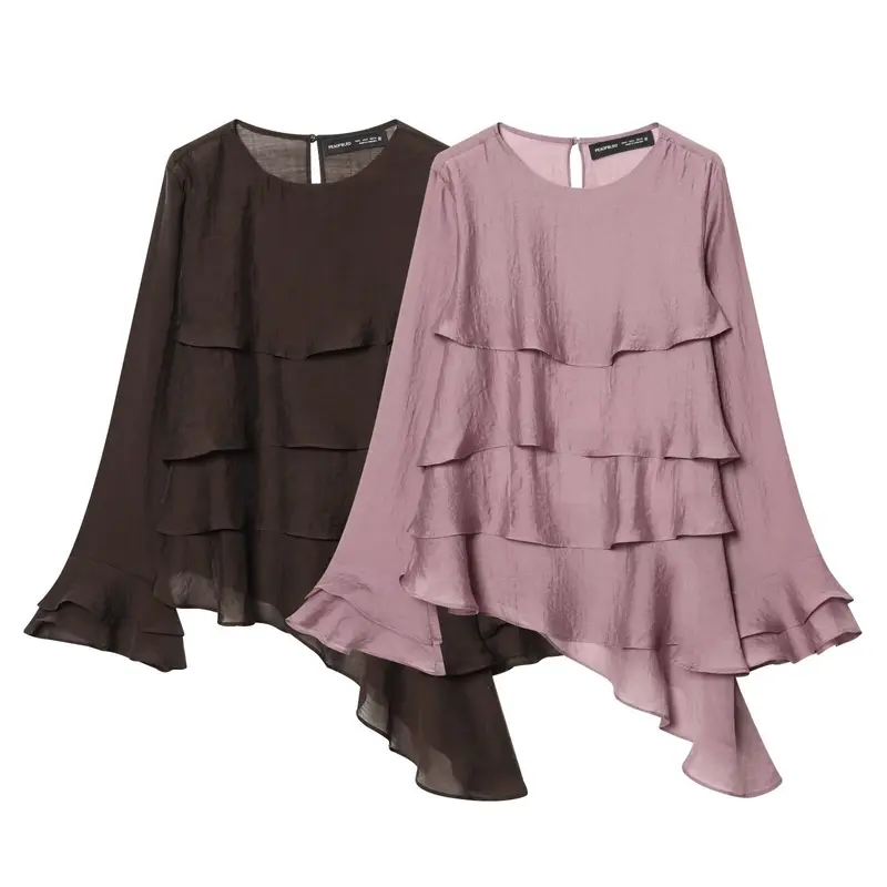 Damen 50+ mehrlagige Volant‑Bluse mit asymmetrischem Saum und Glockenärmeln Drune