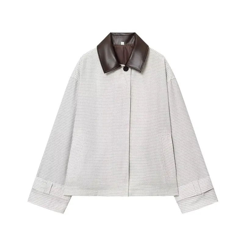 Damen 50+ Oversize Cropped Blousonjacke mit Karomuster und Kontrastkragen Drune