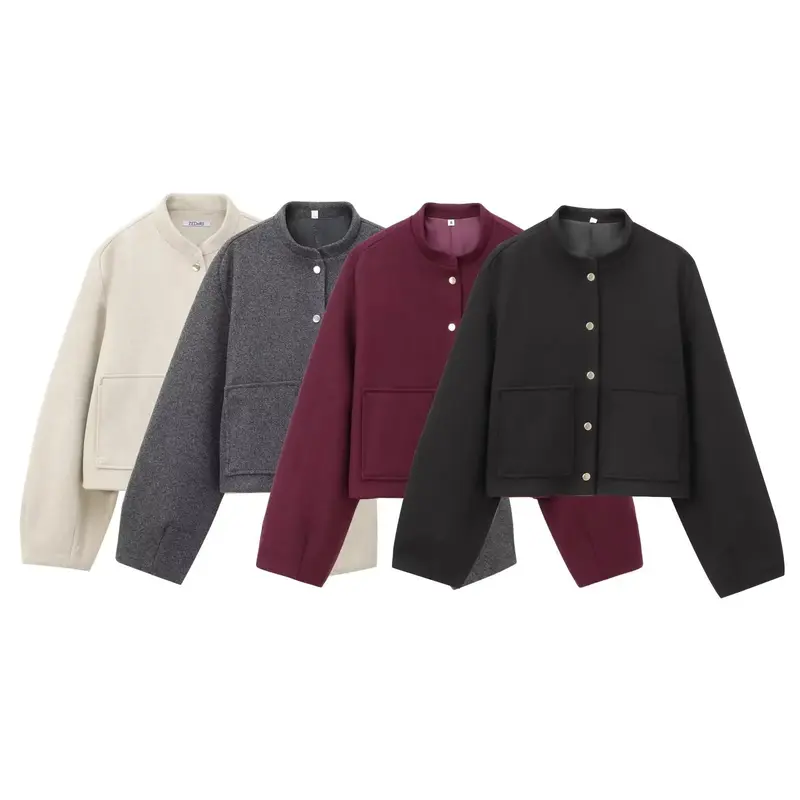 Damen 500+ Cropped Boxy Wollmix‑Blousonjacke mit Stehkragen, Druckknöpfen und großen aufgesetzten Taschen Drune