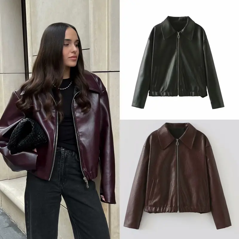Damen 500+ leichte oversize Kunstleder‑Blousonjacke mit Hemdkragen, Reißverschluss und elastischem Saum Drune