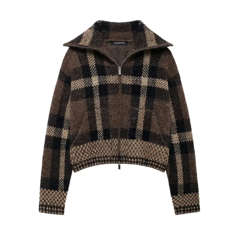 Damen 70+ kurzer kariert melierter Strickpullover mit halbem Reißverschlusskragen Drune