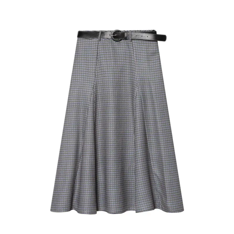 Damen A-Linien Midirock mit hoher Taille und Gürtel Drune