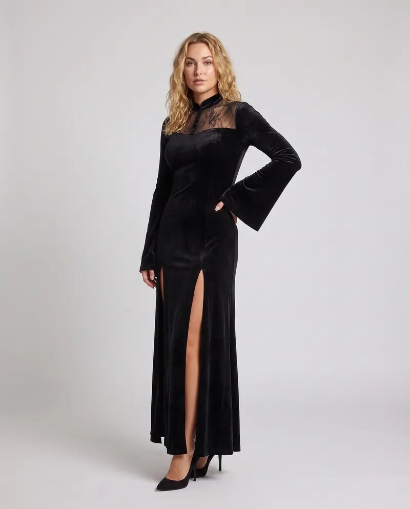 Damen Abendkleid mit Spitzenuntersetzung und tiefem Schlitz Drune