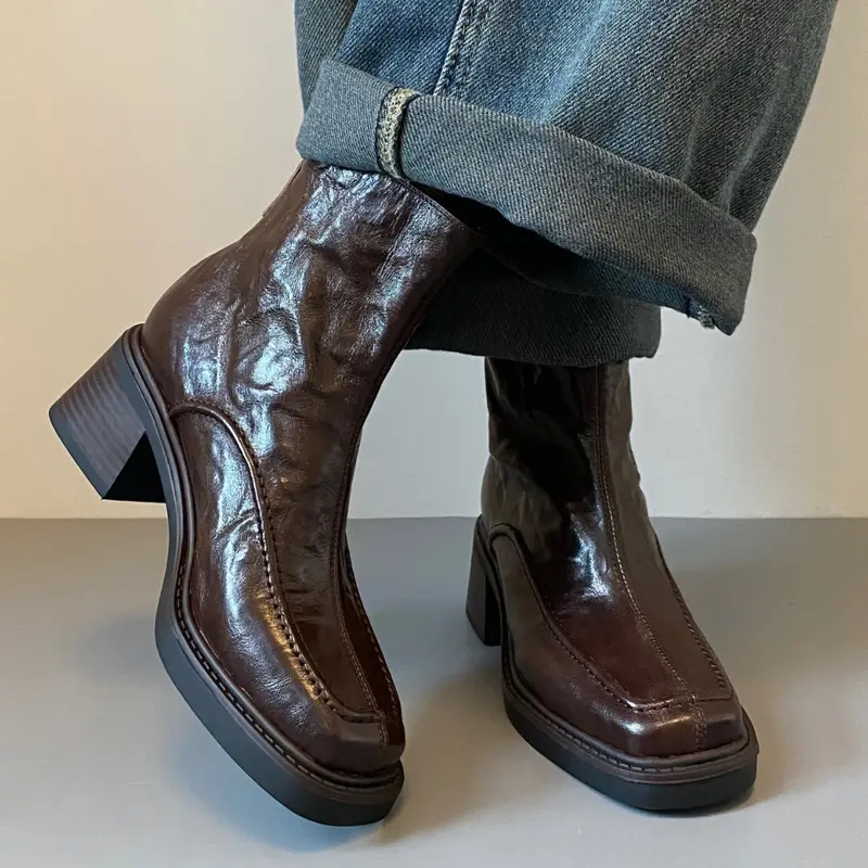 Damen Ankle-Boots im Mokassin‑Moccasin‑Look mit mittlerem Blockabsatz und Rückreißverschluss Drune