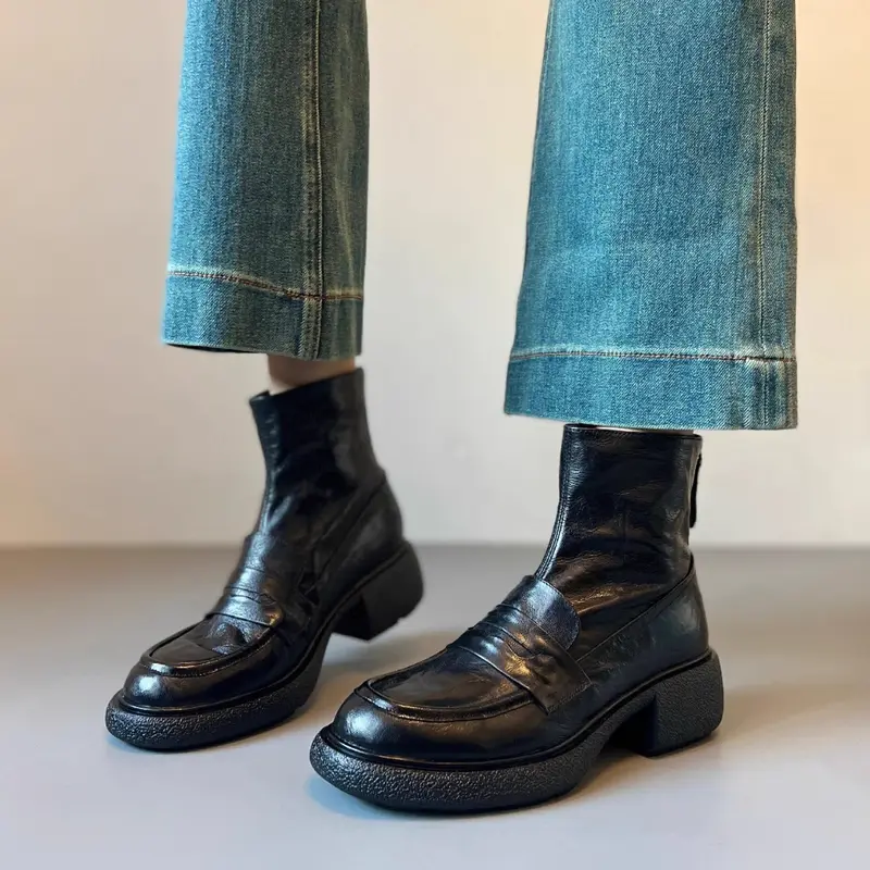 Damen Ankle‑Loafer‑Stiefelette aus Nappaleder mit sculpted Plateau‑Blockabsatz Drune