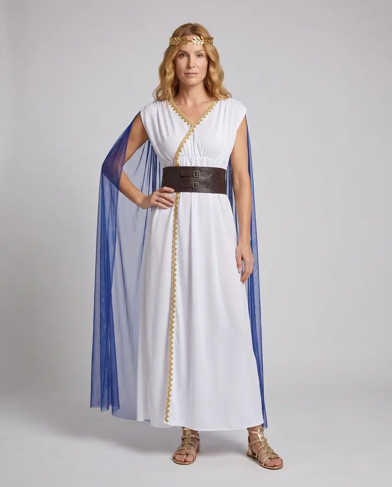 Damen Antikes griechisches Göttinnenkleid mit schimmerndem Umhang und verzierten Accessoires Drune