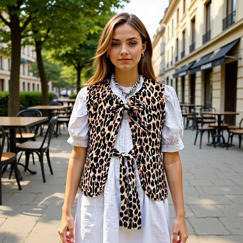 Damen Ärmellose Chiffon-Bluse mit Leopardenprint und doppelter Schleifenfront Drune