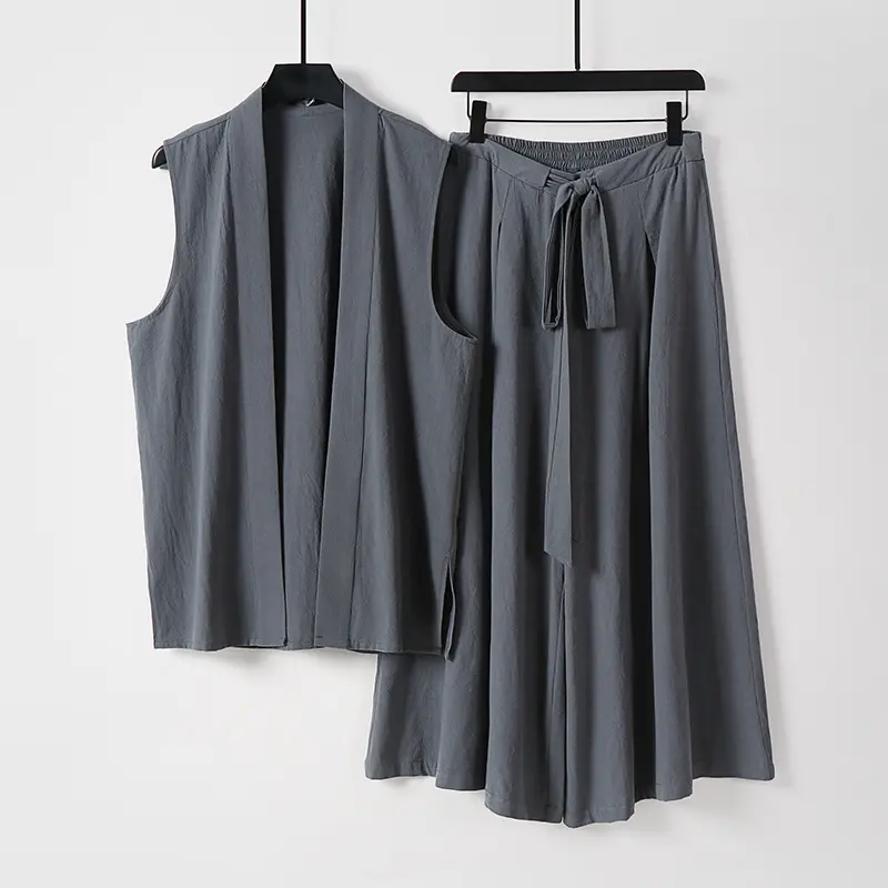 Damen Ärmellose Kimono-Weste und Hochtaillierte Culotte-Hose mit Bindegürtel Drune