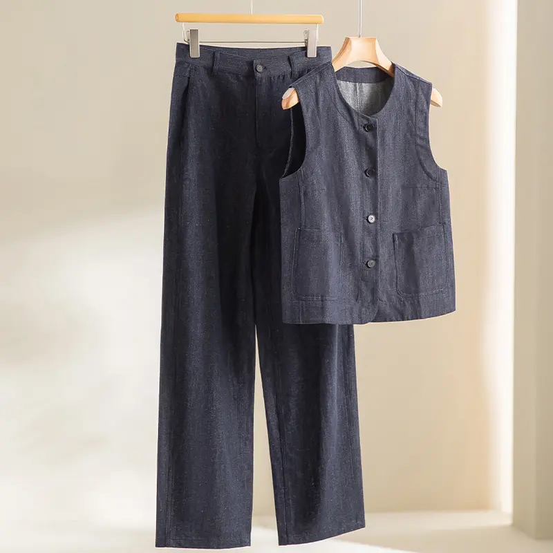 Damen Ärmellose leicht taillierte Weste aus Leinen-Denim mit Knopfleiste und aufgesetzten Taschen Drune
