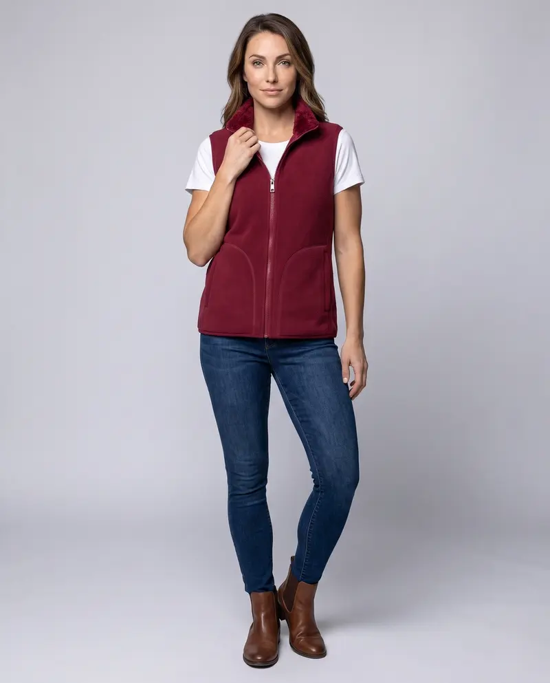 Damen ärmellose Sherpa-Fleece-Weste mit Stehkragen und Reißverschluss