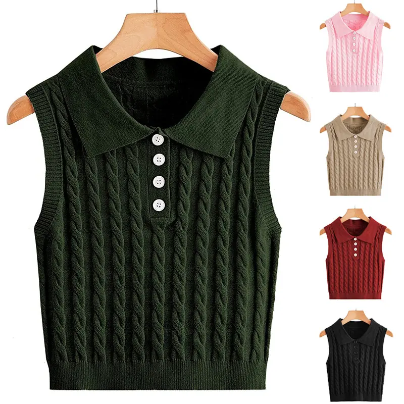 Damen Ärmellose Strickweste mit Polokragen und Zopfmuster Drune